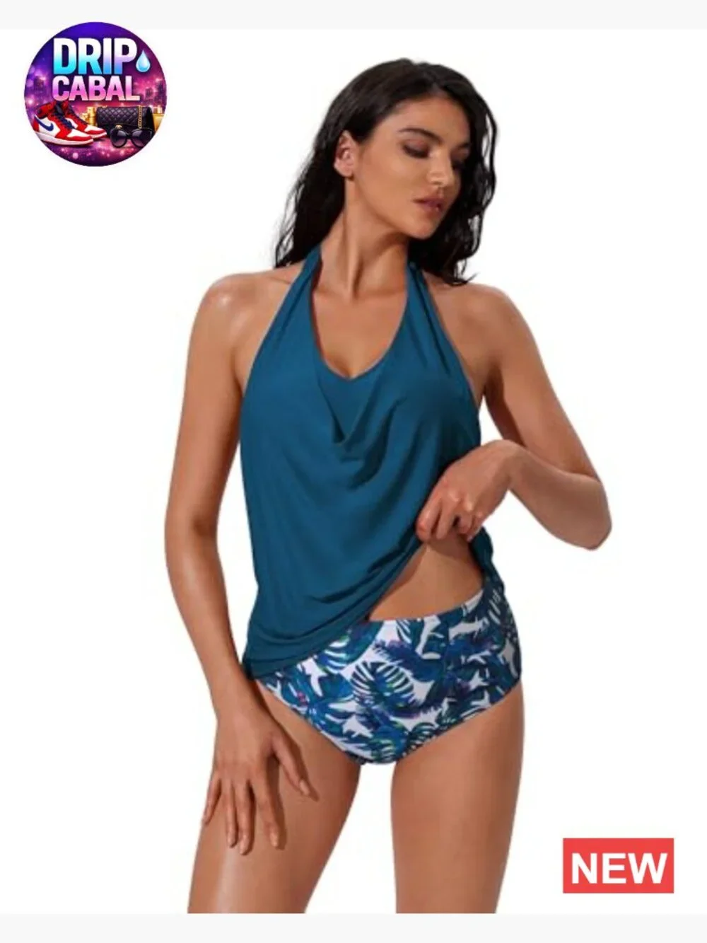 Halter Tankini Swimsuit High Waist Cowl Neck 2 Piece Bathing Suit